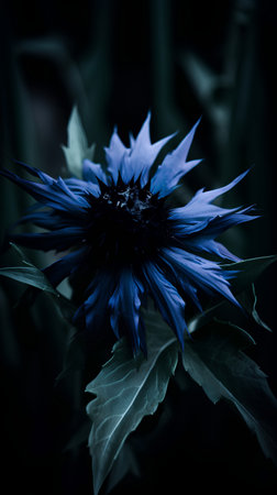 Blue cornflower on a dark background. Selective focus. Toned.の素材