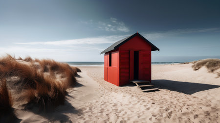 Red beach hut on the dunes of the Baltic Sea, Germanyの素材
