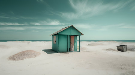 Beach huts on sand dunes with turquoise sea and skyの素材
