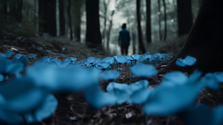 Beautiful blue flowers in the forest in the evening. A girl walks through the forest.の素材