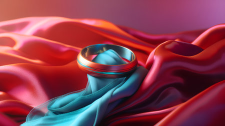 Wedding rings on a red silk background. 3d renderingの素材