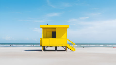 Yellow lifeguard tower on the beach in summertime. 3d renderingの素材