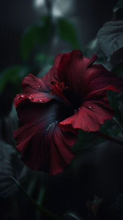 Beautiful dark red hibiscus flower with drops of water.の素材