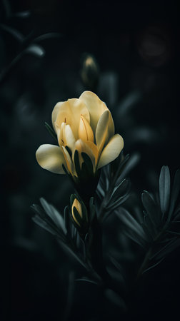 Close up of yellow freesia flower on dark background. Toned.の素材