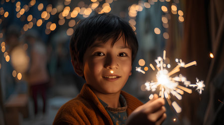 Boy holding a sparkler in his hands. Christmas and New Year concept.の素材