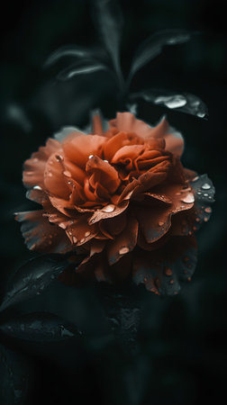Beautiful orange rose with water drops on the petals on a dark backgroundの素材