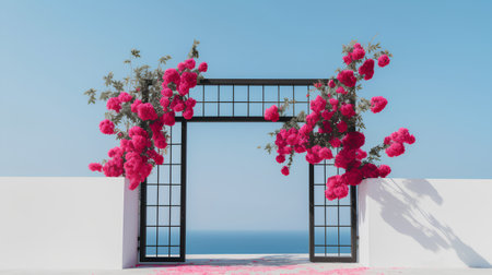 Open door with pink flowers on the background of the sea. 3d renderingの素材