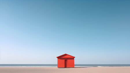 Red beach hut on the beach with blue sky. 3d renderingの素材