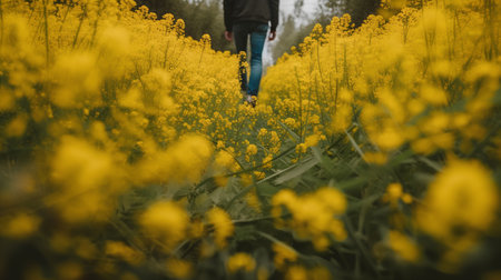 A man walking through a field of yellow flowers. Horizontal shot.の素材