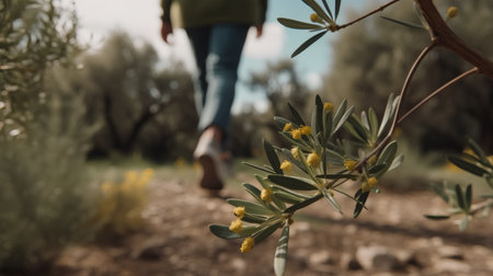 Olive tree branch with yellow flowers and woman walking in the backgroundの素材