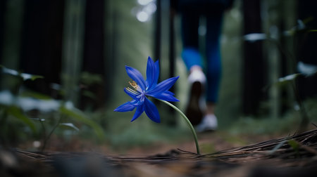 Blue flower in the forest with woman walking on the background, shallow depth of fieldの素材