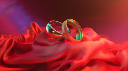 Wedding rings on red silk background. 3d illustration.の素材