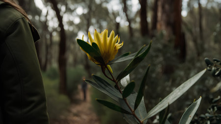 Beautiful yellow protea flower in the forest. Selective focus.の素材