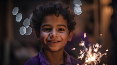 Portrait of little boy with sparklers in his hands looking at cameraの素材