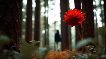 Red dahlia in a forest with a woman in the backgroundの素材