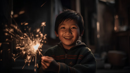 Asian little boy playing with sparklers in the street at night.の素材