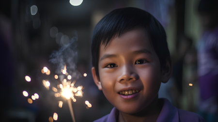 Asian boy holding a sparkler in his hand at night time.の素材