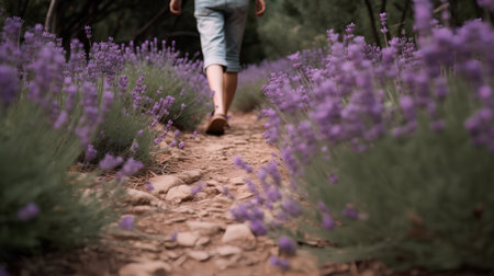 Woman walking in lavender field, shallow depth of field with selective focusの素材