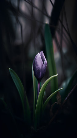 Purple crocus flower on a dark background. Shallow depth of field.の素材