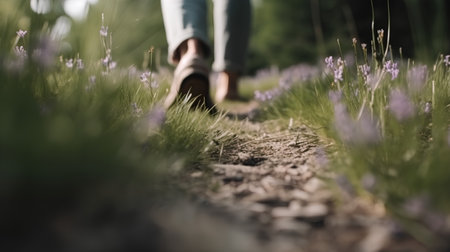 Woman walking in lavender field, shallow depth of field, focus on legsの素材