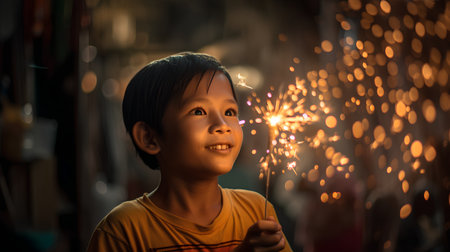 Little boy holding a sparkler in the street of Bangkok, Thailandの素材
