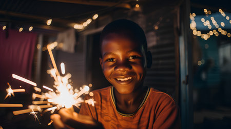 Smiling african american boy holding sparklers and looking at cameraの素材