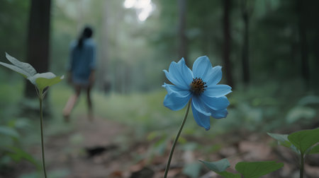 Blue flower in the forest with blurred background and woman in the backgroundの素材