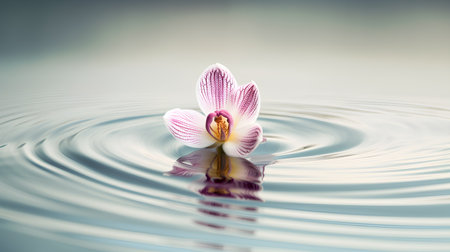 Orchid flower reflected in rippled water, with copy spaceの素材