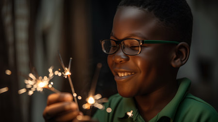 Young african american man in eyeglasses holding sparklerの素材