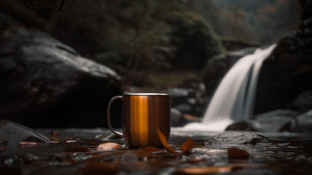 Mug of hot drink on stone with waterfall in the background.の素材