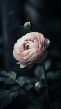 Beautiful pink ranunculus flowers on dark background, closeupの素材
