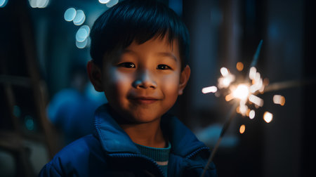 Cute asian little boy holding sparkler in his hand.の素材