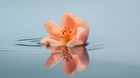 Beautiful flower reflected in water with ripples on blue background.の素材