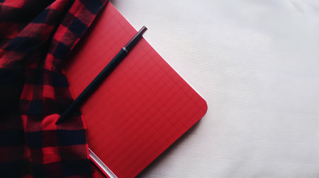 Notebook, pen and checkered plaid on white backgroundの素材