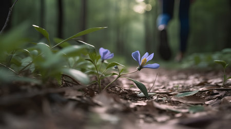 Blue crocus flower in the forest. Selective focus and shallow depth of field.の素材