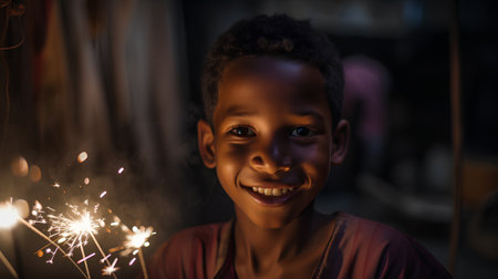 Portrait of smiling african american little girl with sparklersの素材