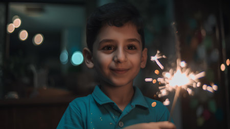Portrait of a boy with a sparkler in his hands.の素材