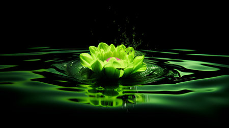 Green lotus on black background with water drops. 3D renderingの素材