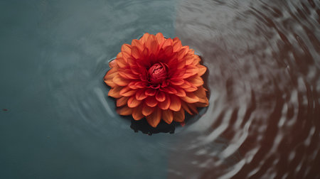 Beautiful orange dahlia flower on dark blue water surface.の素材