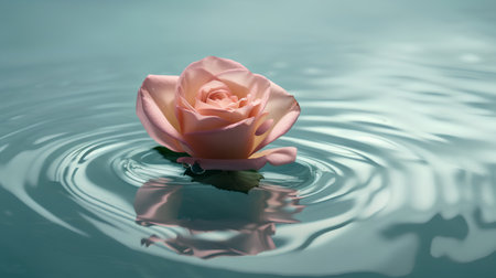 Beautiful pink rose on water surface with ripples and reflection.の素材