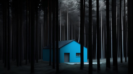 3D rendering of a blue house in a dark forest with treesの素材