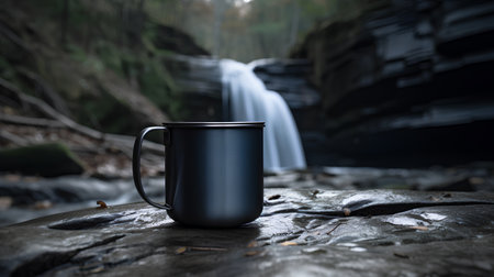 Mug of hot drink on the rocks in the forest with waterfall backgroundの素材