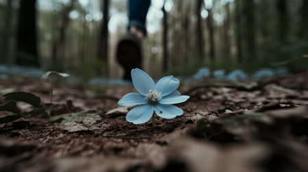 Blue flower in the forest with human legs in the background, selective focusの素材