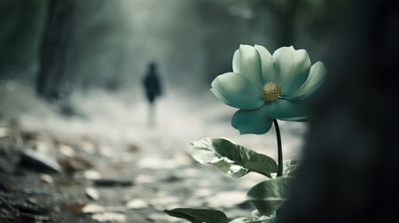 beautiful flower in the forest with a woman walking in the backgroundの素材
