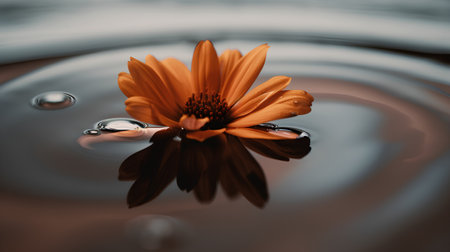 Beautiful orange daisy flower in water with ripples and reflectionの素材
