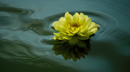 Yellow water lily floating in the water on a dark green backgroundの素材