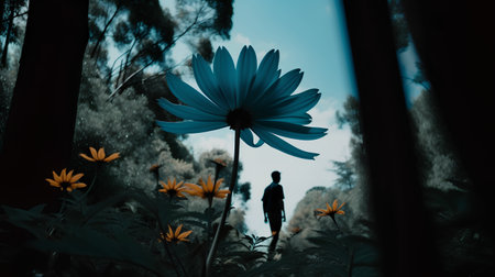 A man looking at a blue daisy flower in the garden.の素材