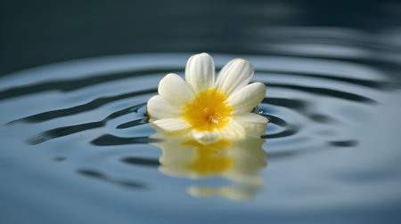 White flower floating on water surface with ripples and ripple pattern.の素材