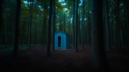 Dark forest with a wooden toilet in the middle of the forest.の素材