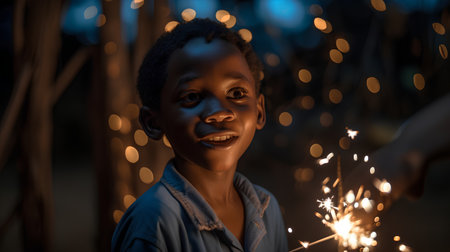 smiling african american girl with sparklers on blurred backgroundの素材